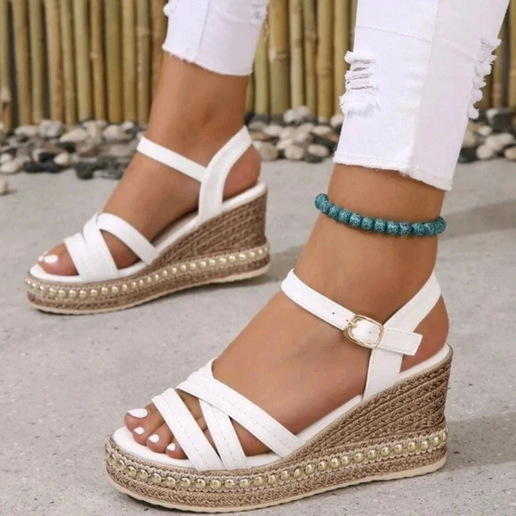 Buckle Decor Espadrille Sole Wedge Sandals, Vacation Beach Ankle Strap Sandals - Picture 1 of 6